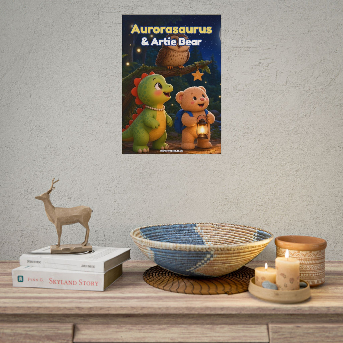 Aurorasaurus & Artie Bear A3 Poster – Moonlit Forest Nursery Print