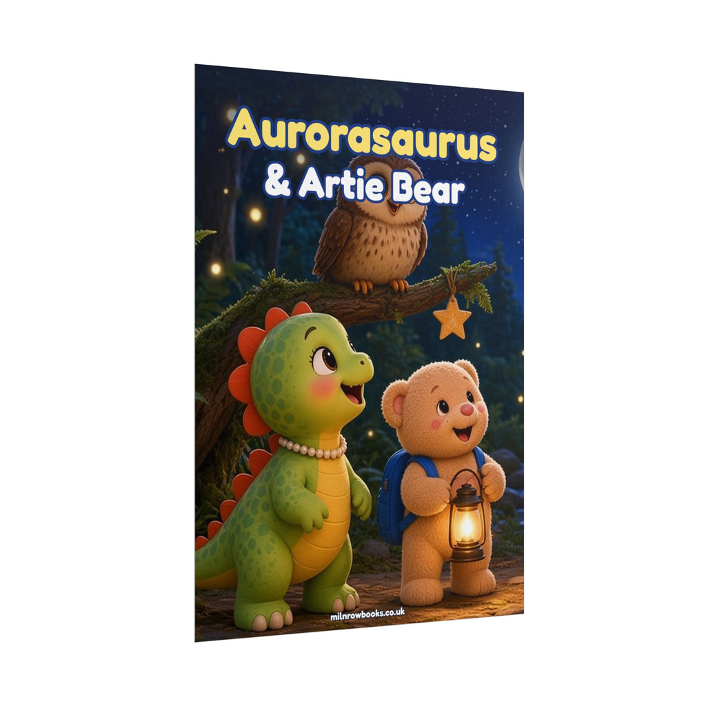 Aurorasaurus & Artie Bear A3 Poster – Moonlit Forest Nursery Print