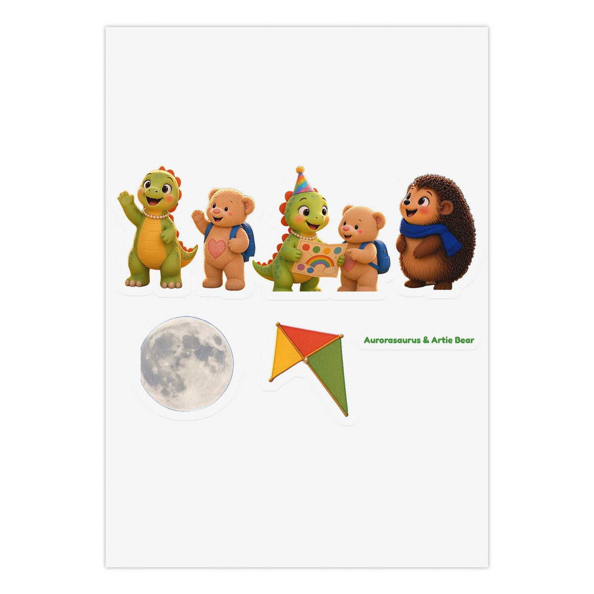 Aurorasaurus & Artie Bear Sticker Sheet – Dinosaur, Bear, Pip, Moon & Kite